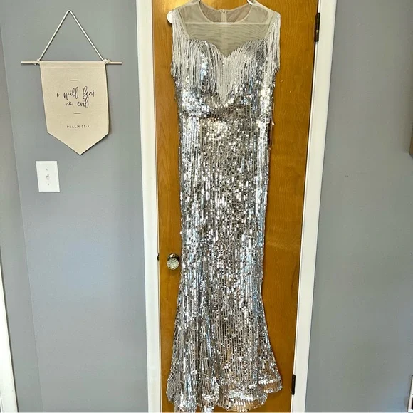 Oze Collection Dresses | Oze Collection - Womens New Silver & Sheer Fringe Maxi Party Dress | Color: Silver/White | Size: 10 | Chicoolclo's Closet